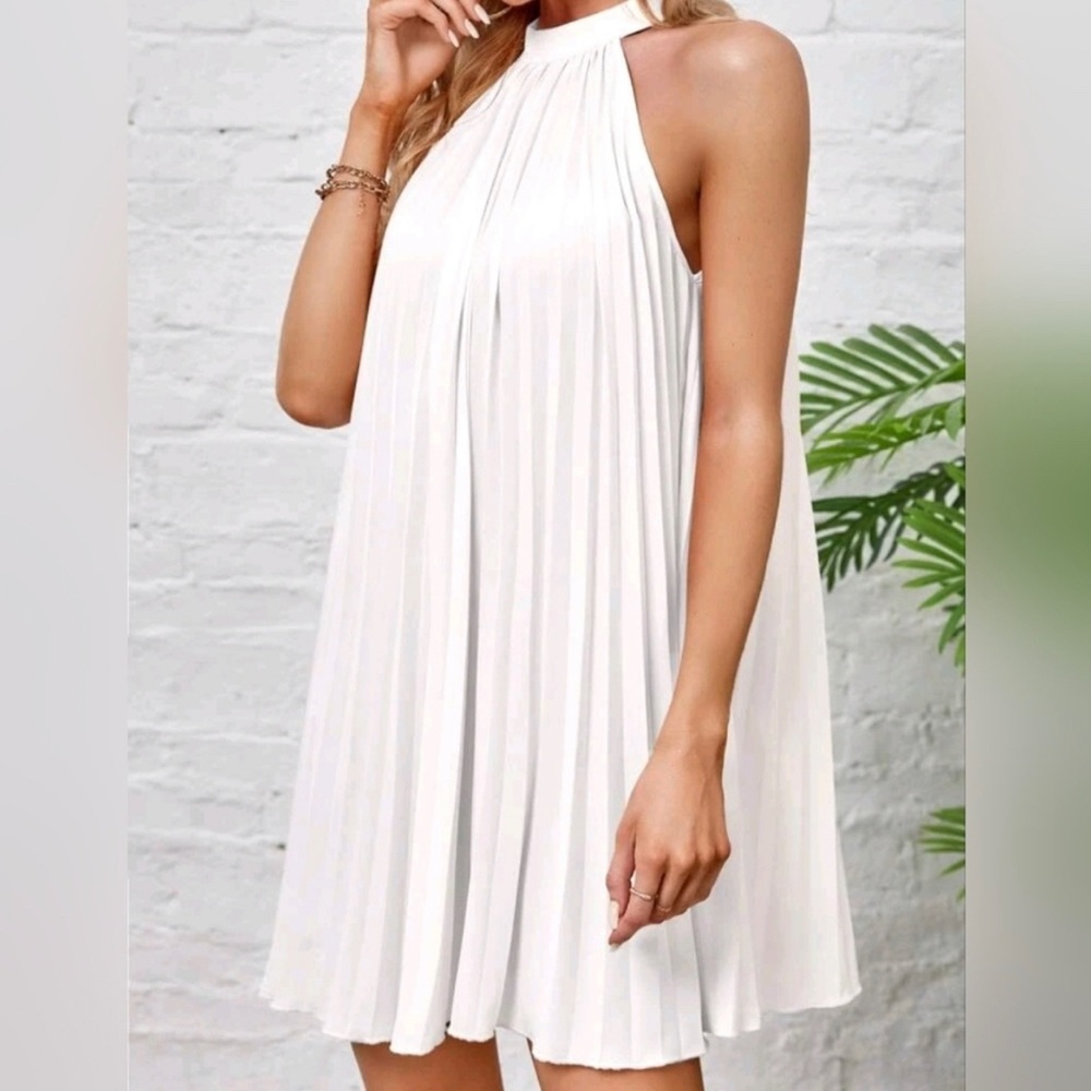 New Luxe Pleated Swing Dress Bow Tie Back Halter Neck White